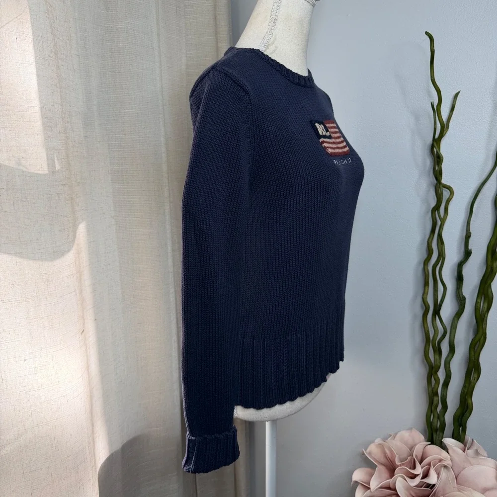 Vintage Polo Jeans Ralph Lauren USA Flag Knit Sweater Navy Blue Women's Medium - Picture 7 of 8